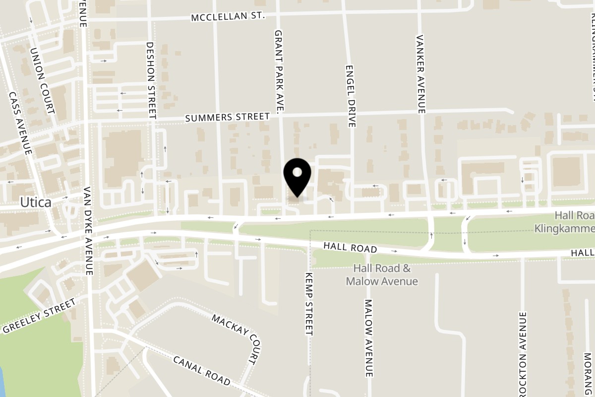 Map showing the location of A Slice of Rome Pizzeria Utica on 8413 Hall Rd in Utica